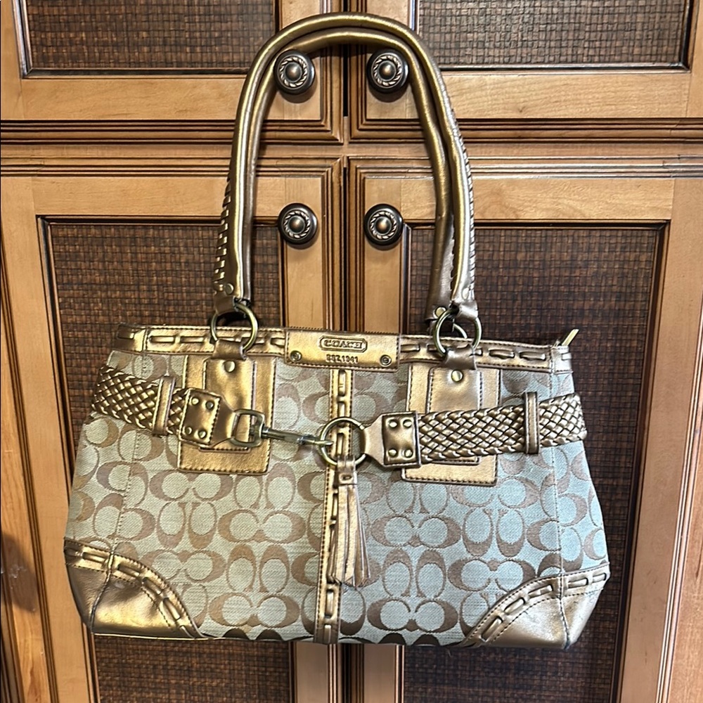 Coach Gold and Brown Monogram Shoulder Bag